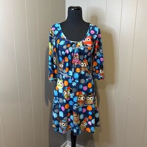 Reborn Women’s Small Midi Dress Christmas Owl Pattern 2/3 Sleeve Smocking Fitted